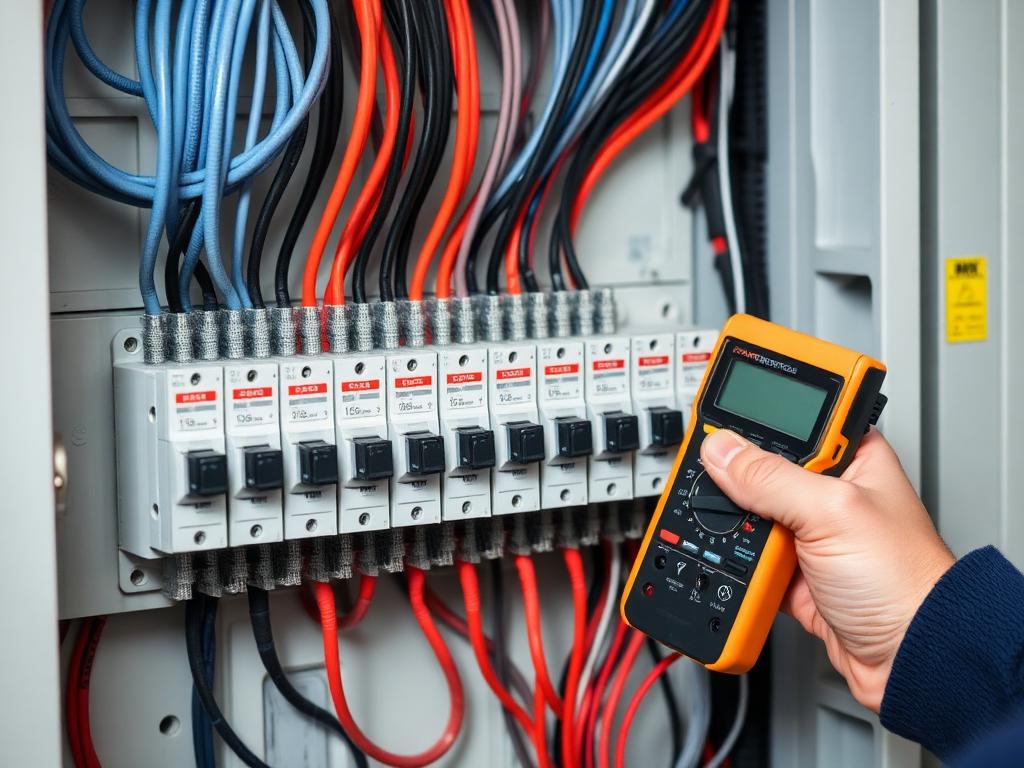 Electrician testing a modern breaker panel with a multimeter