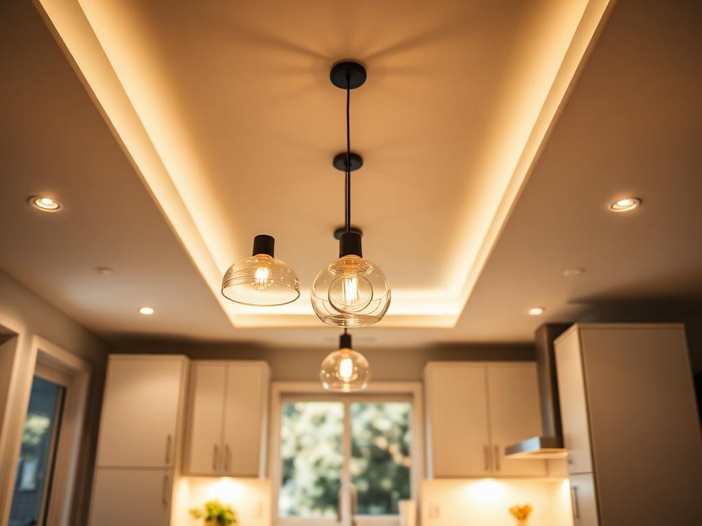Modern recessed and pendant lighting installed in a kitchen